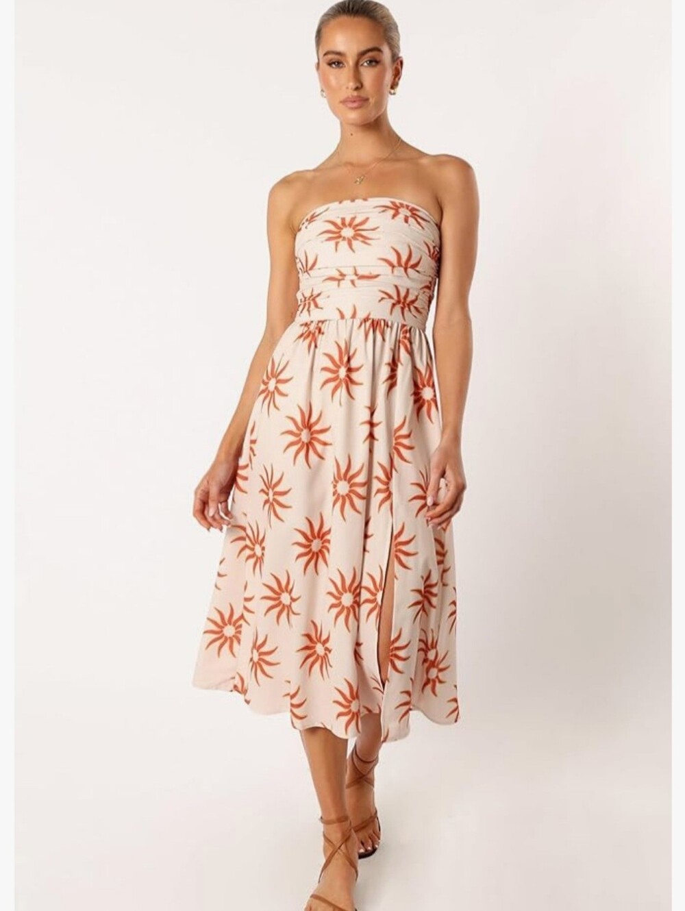 NWT Petal & Pup Rydee Strapless Midi Dress in Cream and Rust Sunburst